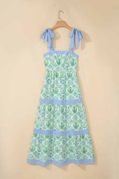 Geometric Floral Print Striped Patchwork Detail Sleeveless Dress
