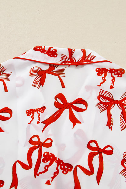 Red Christmas Bow Print Long Sleeve 2pcs Pajama Set