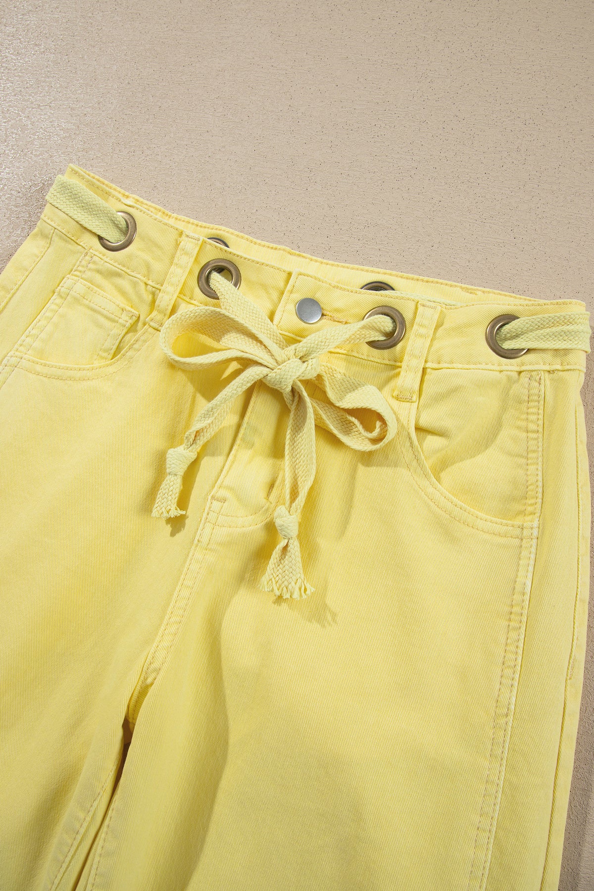 Color Grommet Detail Knot Waist Barrel Jeans