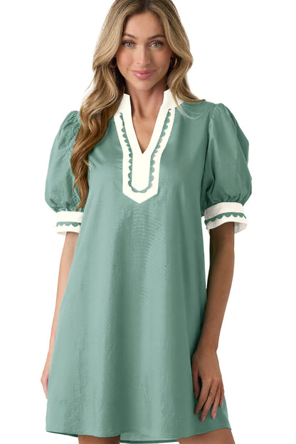 Scallop Color Block Trim Puff Sleeve Mini Dress