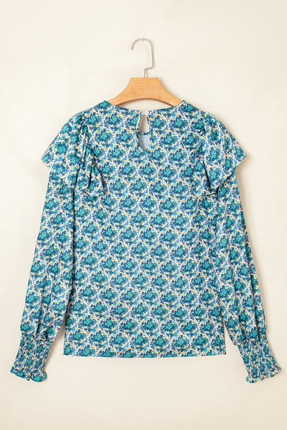 Green Abstract Print Shirred Cuff Puff Sleeve Blouse