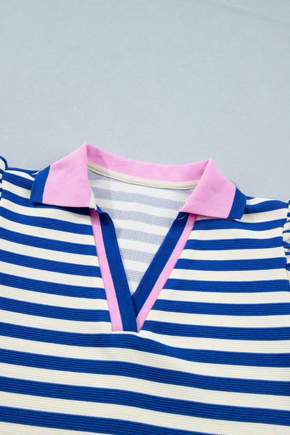 Contrast Trim Polo Collar Ruffled Short Sleeve Blouse