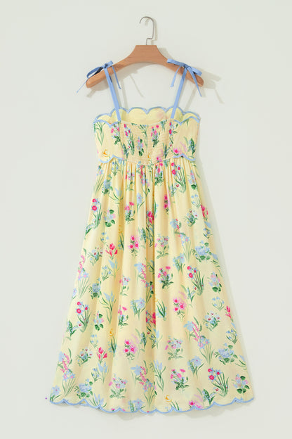 Floral Print Contrast Trim Self-tie Straps High Waist Midi Dress