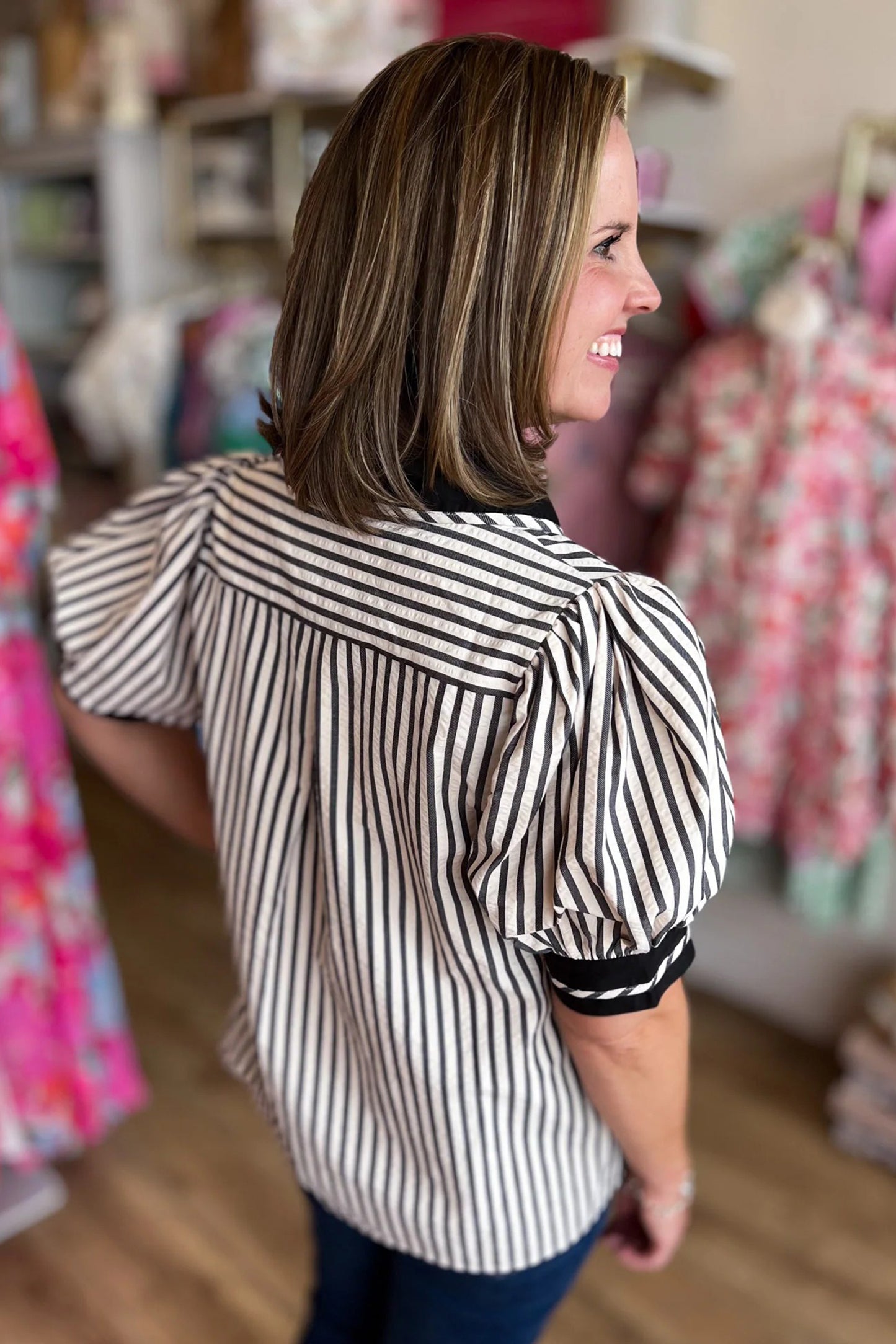 Stripe Collared Split Neck Short Bubble Sleeve Blouse