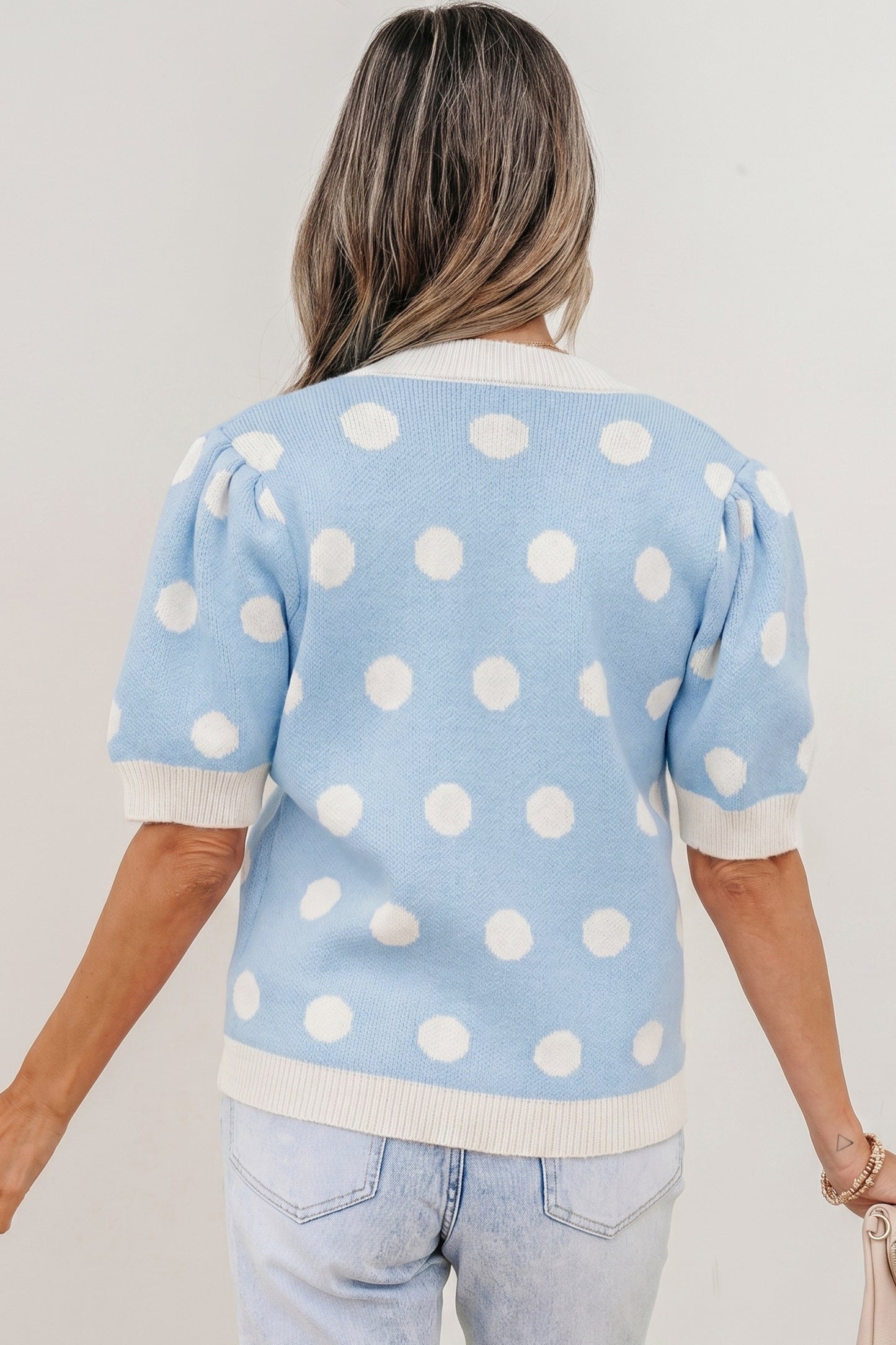 Polka Dot Puff Short Sleeve Sweater Top