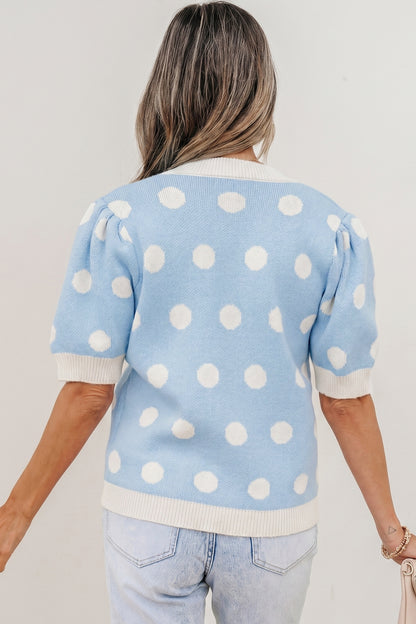 Polka Dot Puff Short Sleeve Sweater Top