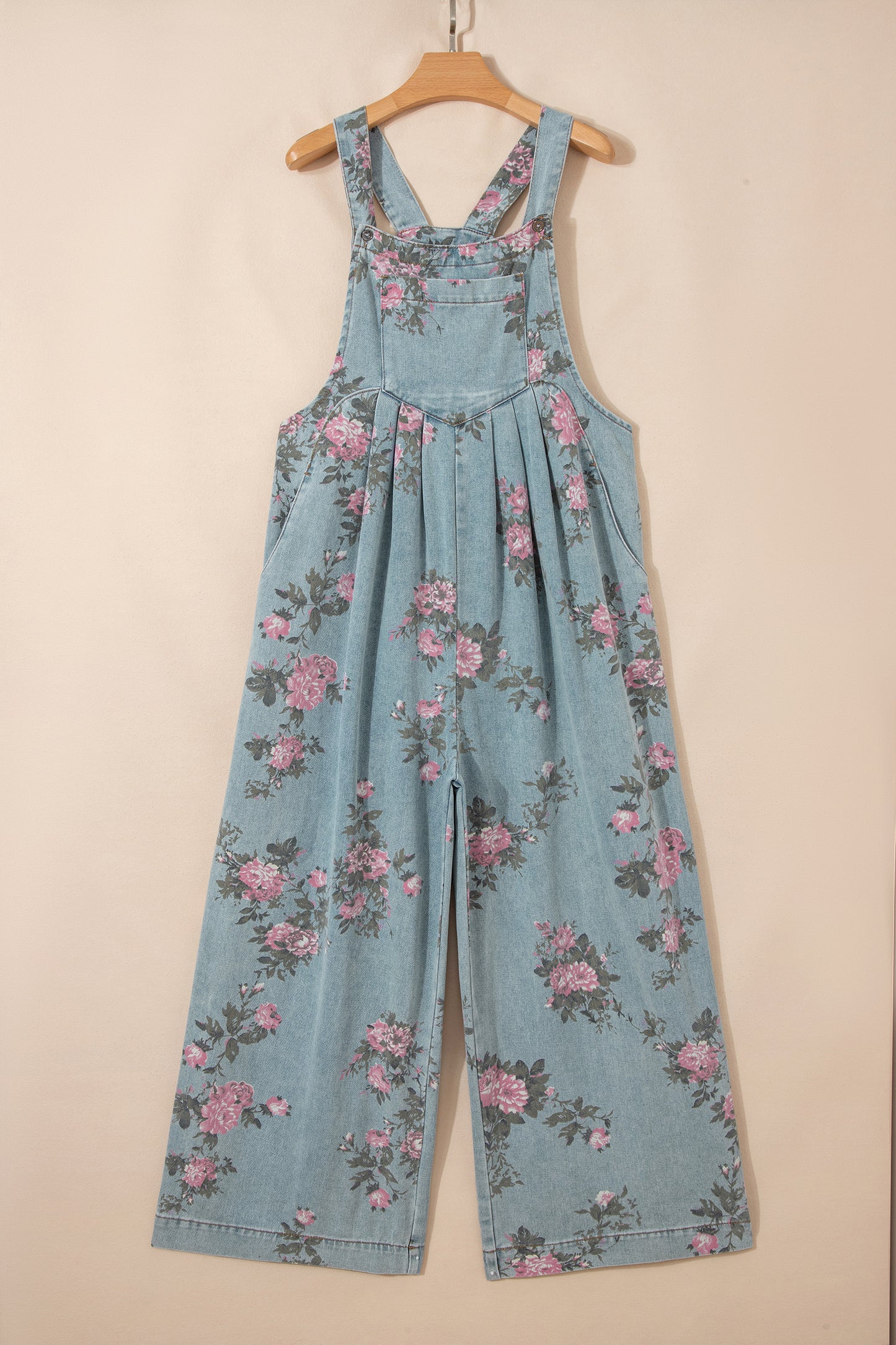 Floral Print Pleated High Waist Wide Leg Denim Jumpsuit