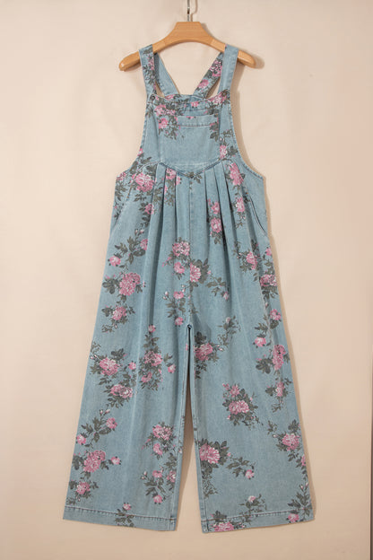Floral Print Pleated High Waist Wide Leg Denim Jumpsuit