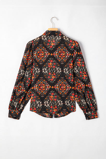 Strawberry Pink Floral Print Collared Button Up Puff Sleeve Shirt