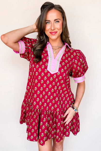 Red Floral Print Contrasted V Neck Short Bubble Sleeve Mini Dress