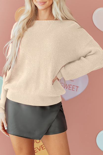 Ribbed Knit Ribbon Knot Backless Drop Shoulder Sweater