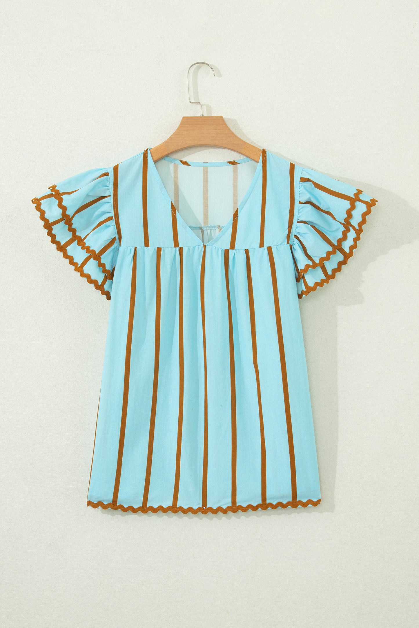 Sky Blue Stripe Ricrac Trim Double Ruffled Short Sleeve V Neck Blouse