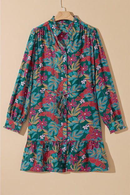 Green Floral Frill V Neck Puff Sleeve Ruffle Mini Dress