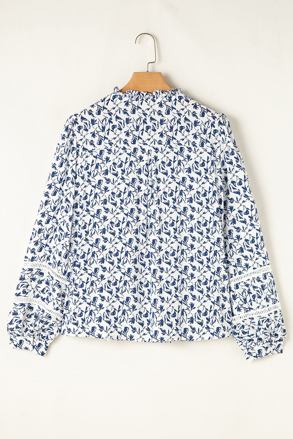 Blue Floral Print Lace Detail Puff Sleeve Fall Shirt
