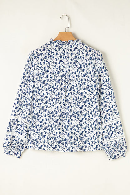 Blue Floral Print Lace Detail Puff Sleeve Fall Shirt