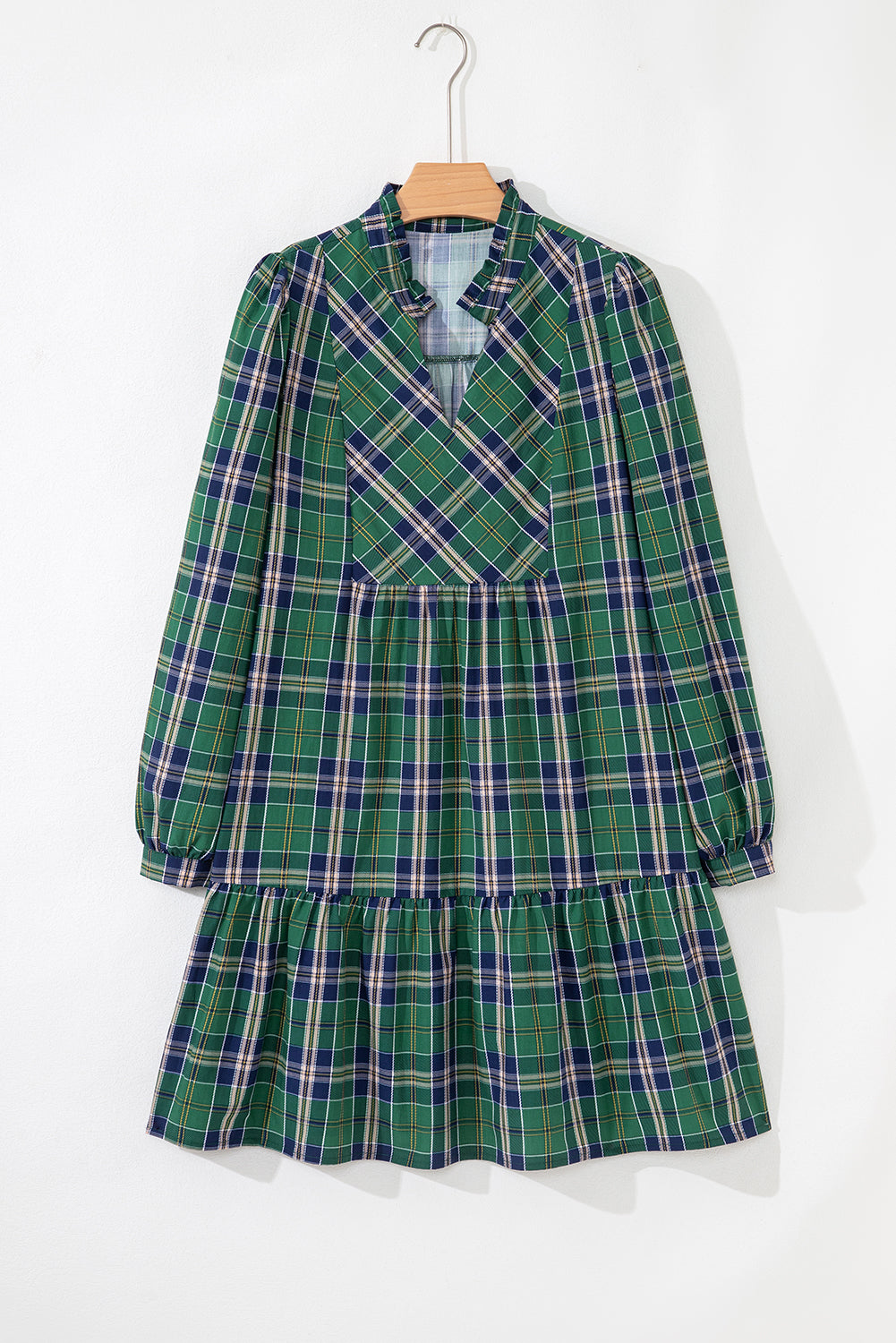 Green Plaid Print Frill Neck Long Sleeve Mini Dress