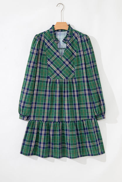 Green Plaid Print Frill Neck Long Sleeve Mini Dress