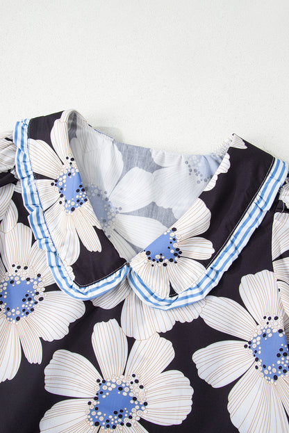 Floral Print Striped Tie Sleeve Collared V Neck Blouse