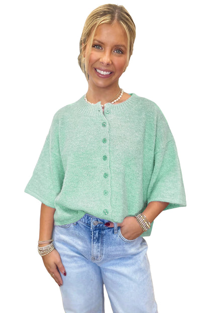 3/4 Sleeve Boxy Knit Button Down Sweater Cardigan