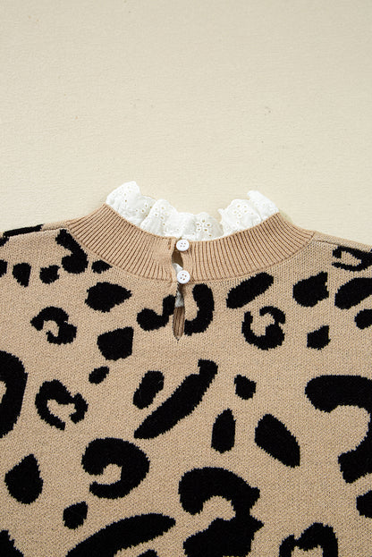 Brown Leopard Pattern Lace Trim Ribbed Detail Button Cuffed Sweater