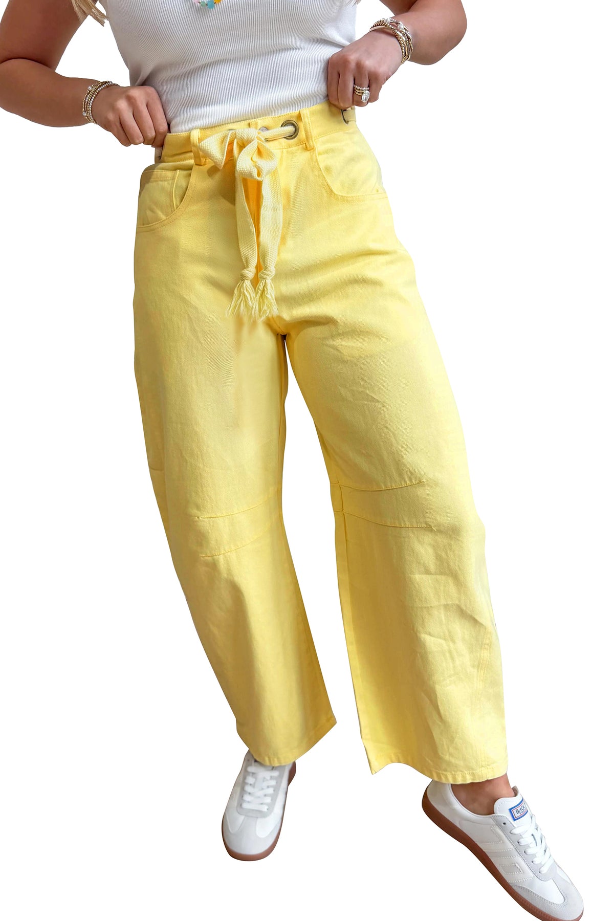 Color Grommet Detail Knot Waist Barrel Jeans