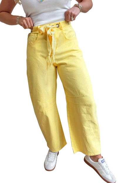 Color Grommet Detail Knot Waist Barrel Jeans