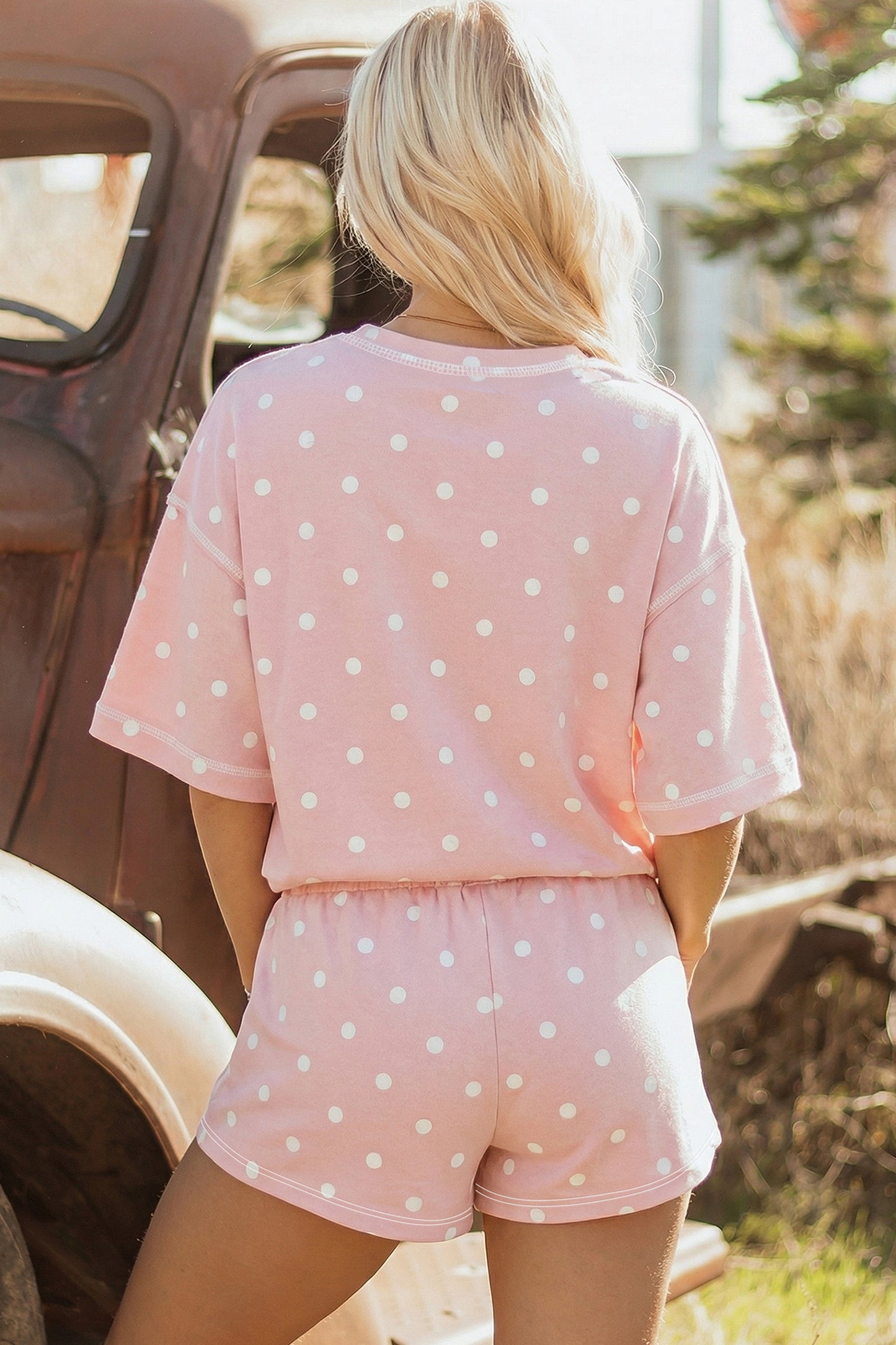 Polka Dot Short Sleeve Loose Top Drawstring Shorts Set