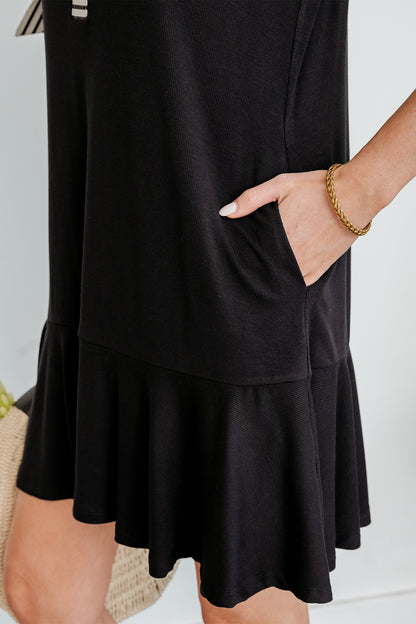 Black Stripe Detail Polo Collar Half Buttons Tied Short Sleeve Shift Mini Dress