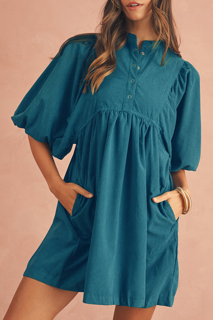 Light Snap Button Empire Waist Lantern Sleeve Corduroy Dress