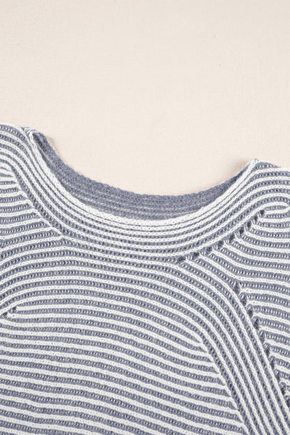 Striped Print Ribbed Knit Raglan Sleeve Baggy Sweater