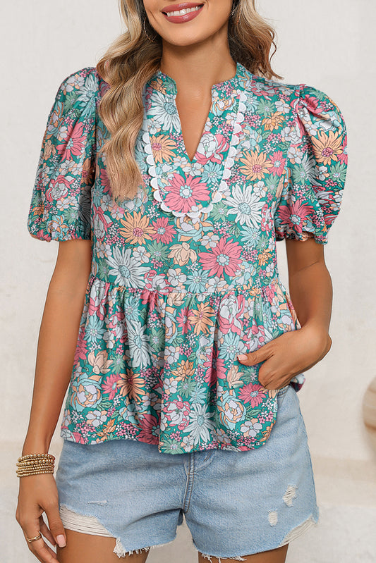 Multicolor Floral Print Short Puff Sleeve V Neck Boho Peplum Blouse