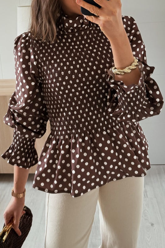 Brown Polka Dot Ruffled High Neck Shirred Ruffle Hem Blouse