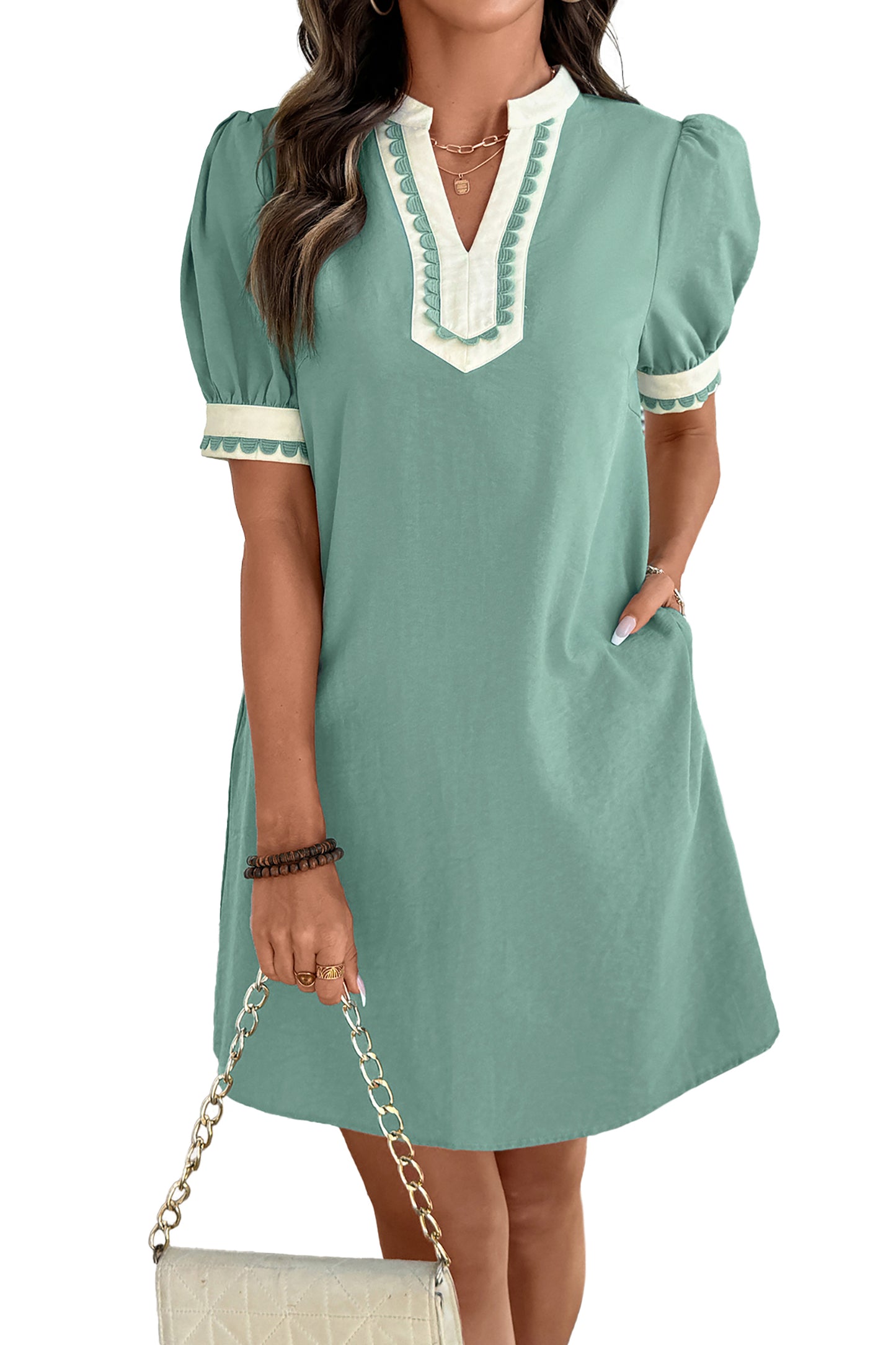 Scallop Color Block Trim Puff Sleeve Mini Dress