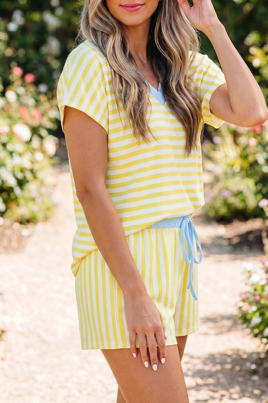 Stripe Colorblock Trim V Neck Tee Drawstring Elastic Waist Short Set