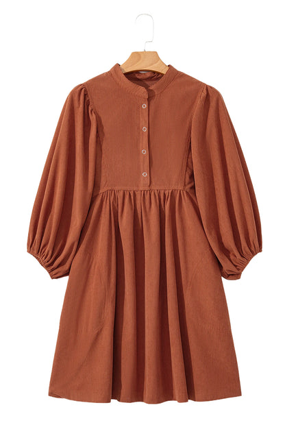 Light Snap Button Empire Waist Lantern Sleeve Corduroy Dress