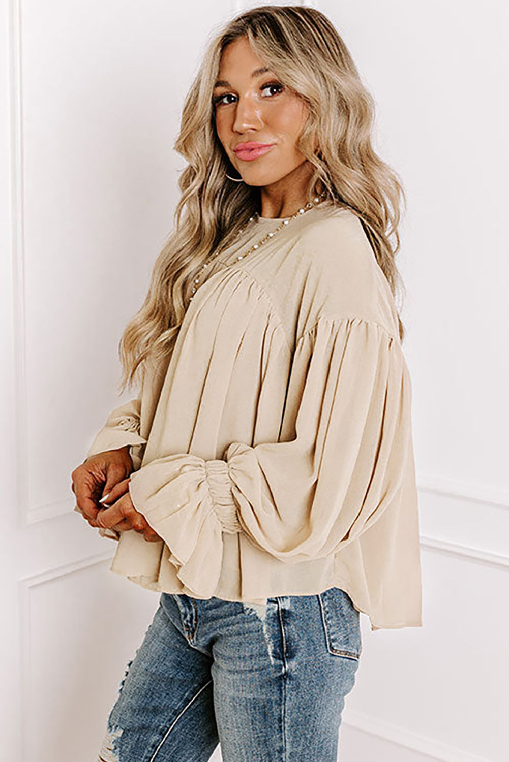 Parchment Pleated Ruffle Long Sleeve Chiffon Blouse