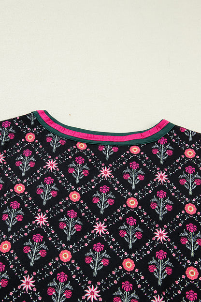 Black Contrast V Neckline Bracelet Sleeve Vintage Floral Blouse
