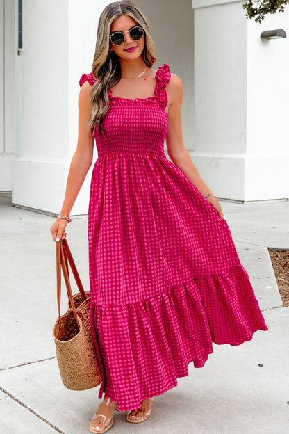 Plaid Square Neck Fit-and-flared Vacation Sundress