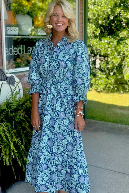 Floral Printed Frilled V Neck Bracelet Sleeve Long Dress