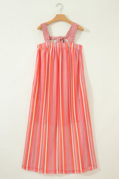 Pink Stripe Ruffled Straps Ribbon Knot Flowy Vacation Maxi Dress