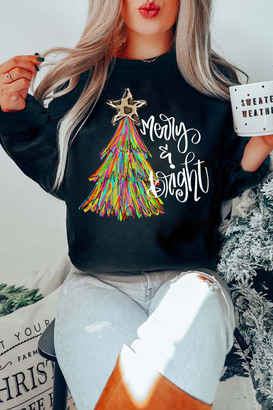 Black Merry Bright Christmas Tree Graphic Heat Transfer Printing Sweatshirt