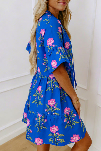 Blue V Neck Short Sleeve Loose Flower Dress