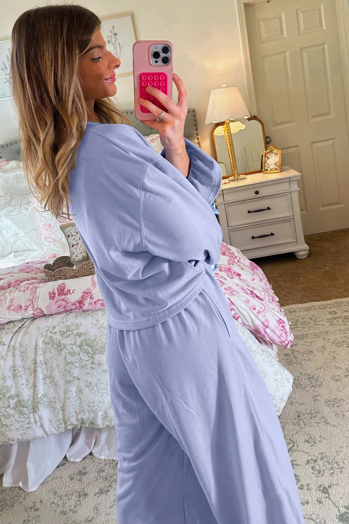 Beau Blue Flounce Long Sleeve Top Drawstring Pants Contrast Velvet Bow Knot 2pcs Lounge Set