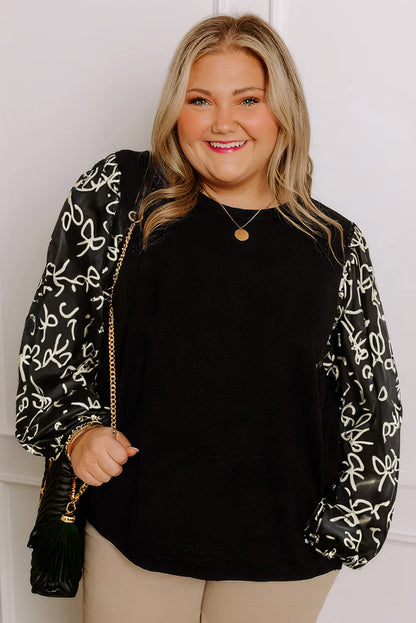 Black Bow Print Sleeve Patchwork Plus Size Blouse