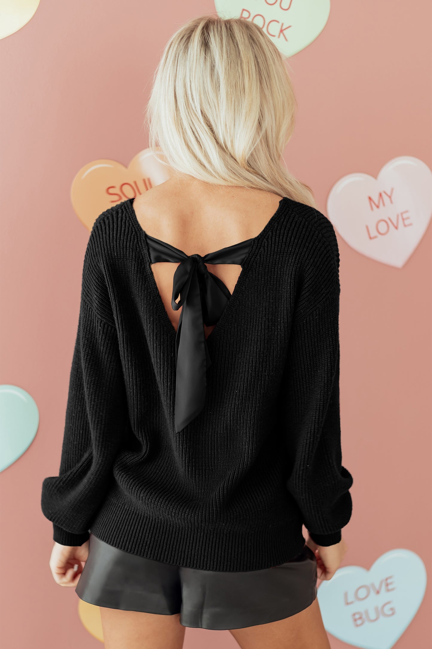 Ribbed Knit Ribbon Knot Backless Drop Shoulder Sweater