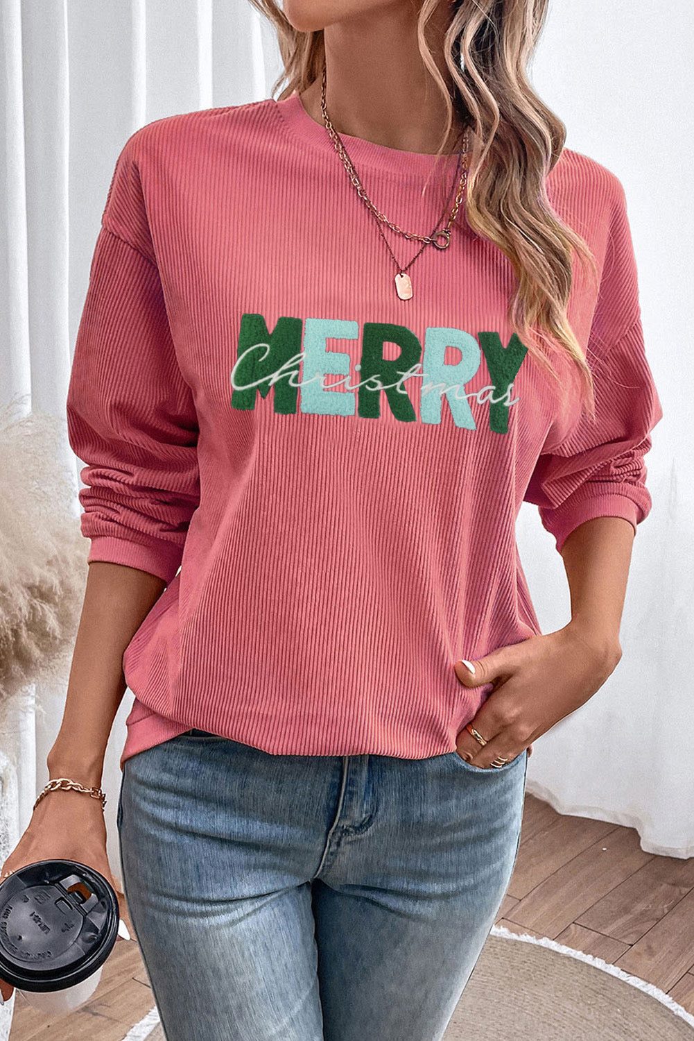MERRY Christmas Terry Flocking Corded Graphic Sweatshirt