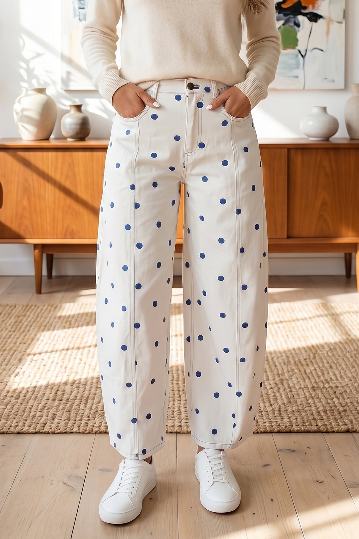Tailored Seam Polka Dot Print Barrel Casual Jeans