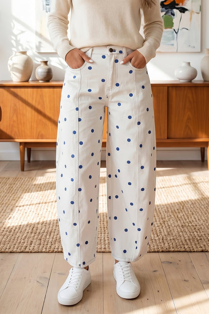 Tailored Seam Polka Dot Print Barrel Casual Jeans