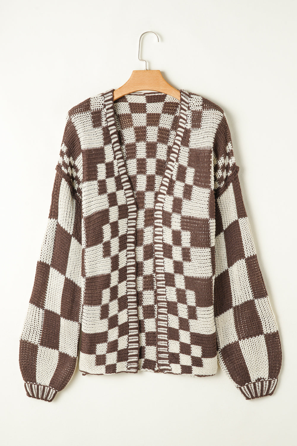 Rose Red Colorblock Checked Open Front Knitted Cardigan