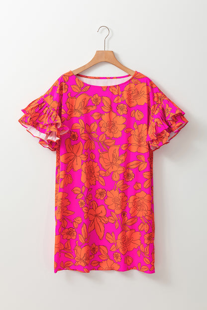 Pink Floral Print Loose Layered Ruffle Sleeve Short Dress